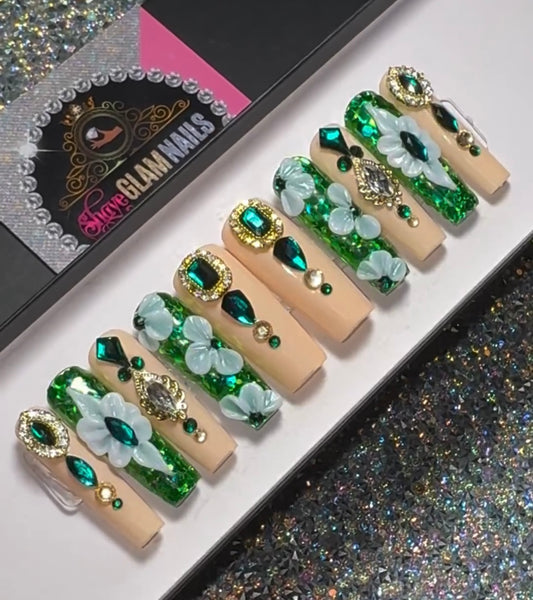 Emerald Gold Glam Press On Nails