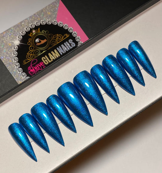 Blue Chrome Press On Nails