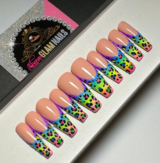 French Colorful Cheetah Press On Nails