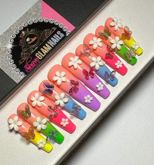 Colorful 3d Floral Butterflies Press On Nails