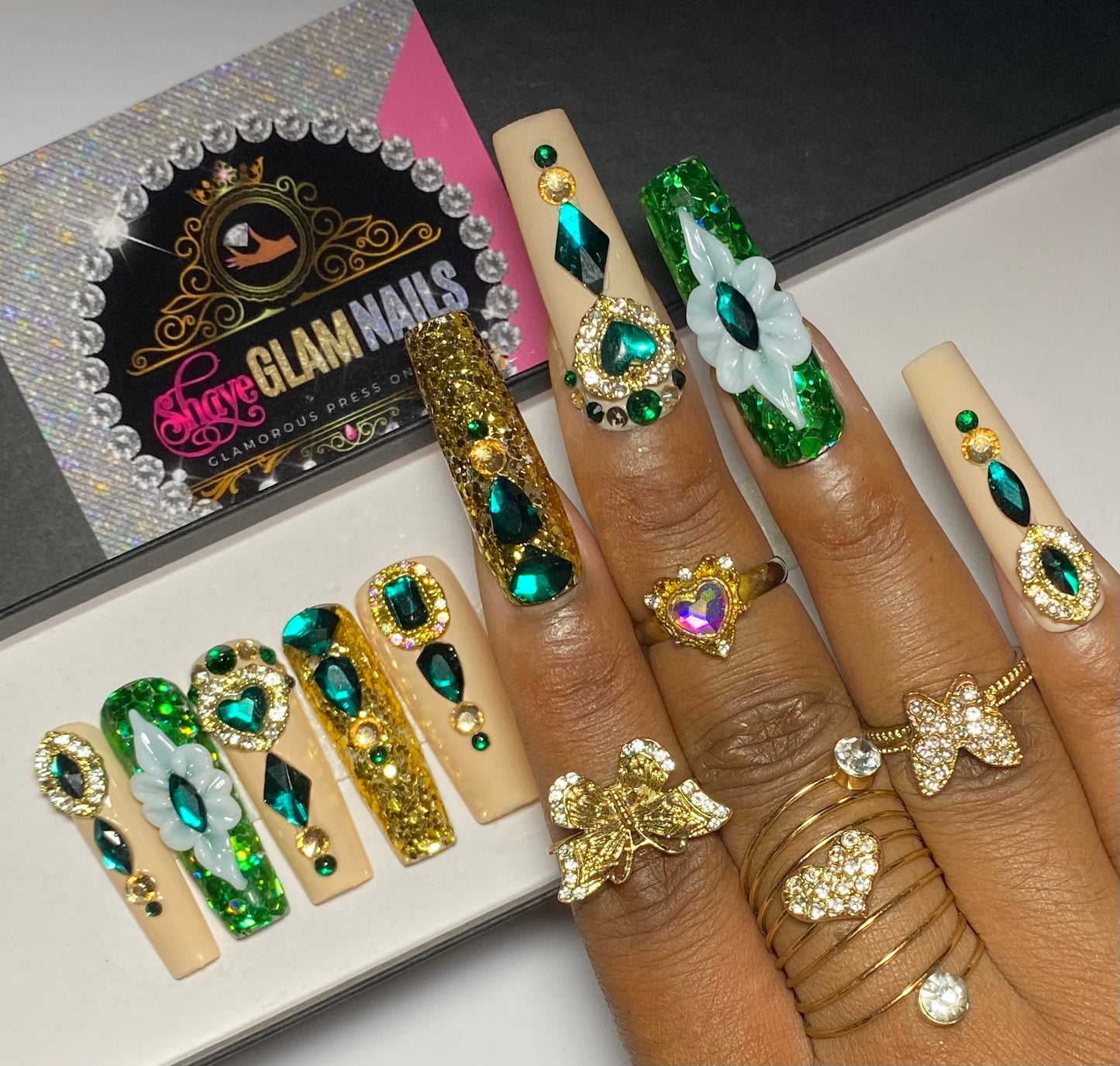 Emerald Gold Glam Press On Nails
