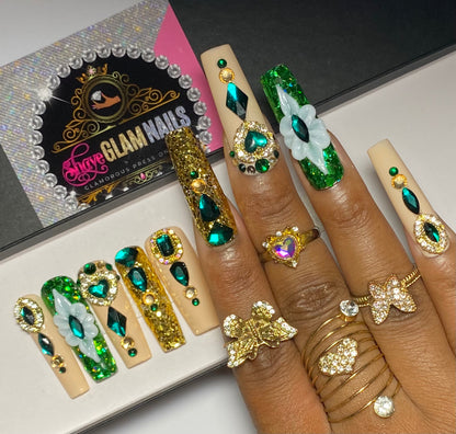Emerald Gold Glam Press On Nails