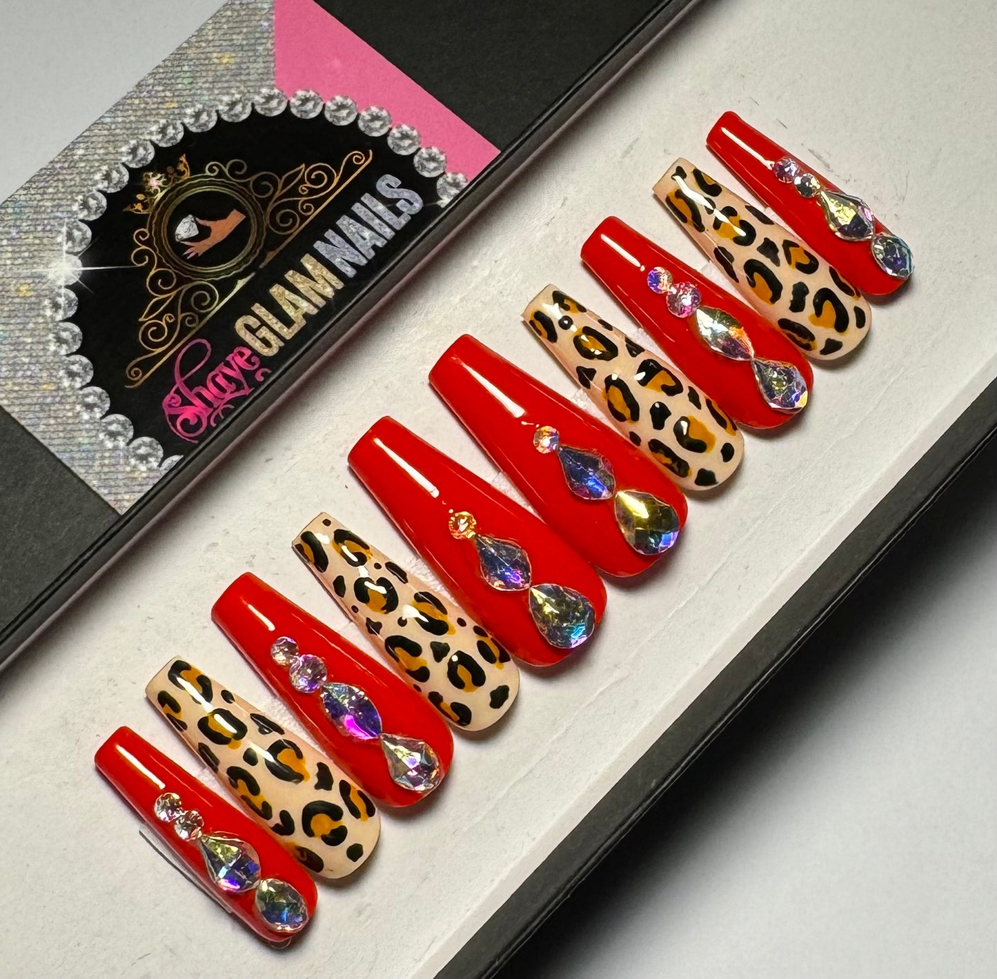 Diamond Red Cheetah Press On Nails