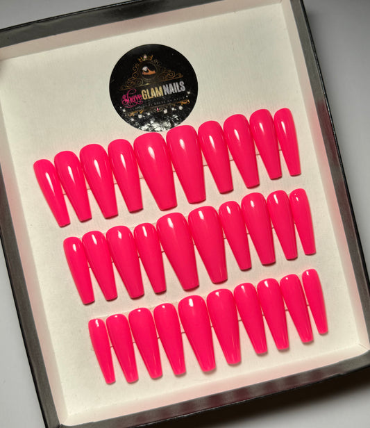 30 Nails Set | Barbie Hot Pink Nails | Long Coffin