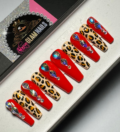 Diamond Red Cheetah Press On Nails