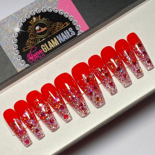 Red Ombre Glitter Press On Nails- 20 Nail Set