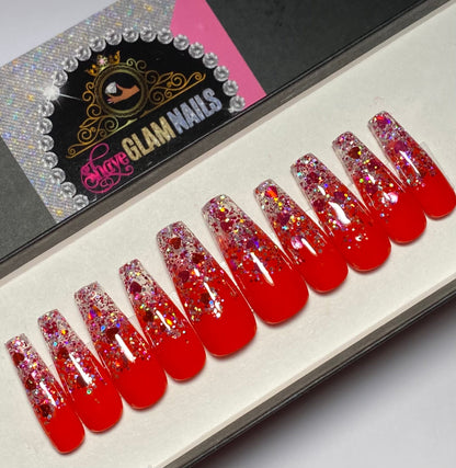 Red Ombre Glitter Press On Nails- 20 Nail Set