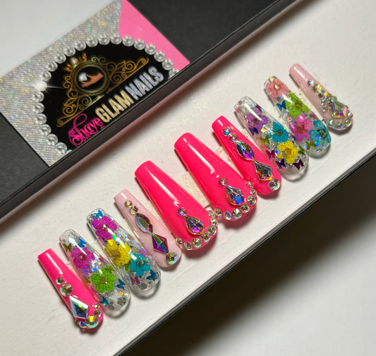 Pink Flower Bouquet Press On Nails - 20 Nail Set