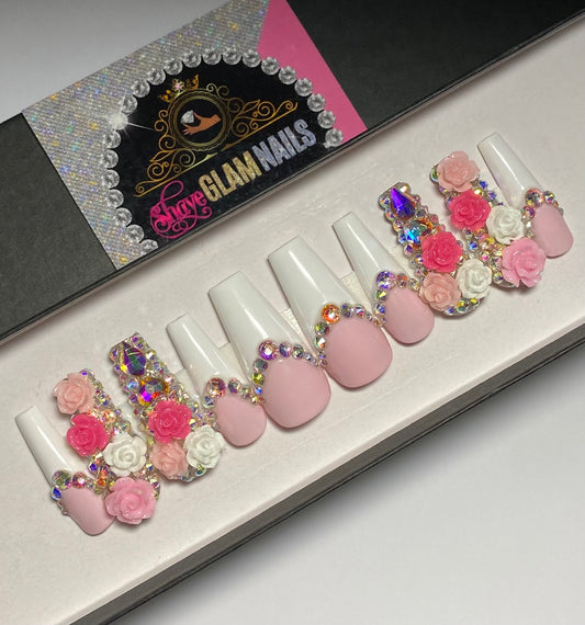 French Flower Bling Style Press On Nails