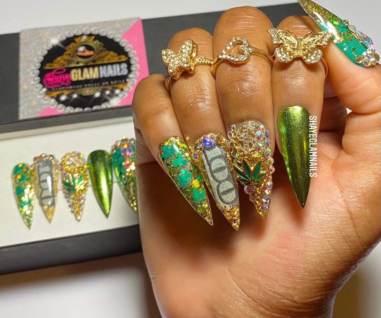 Green All Bling Everything Press On Nails – Shaye Glam Nails