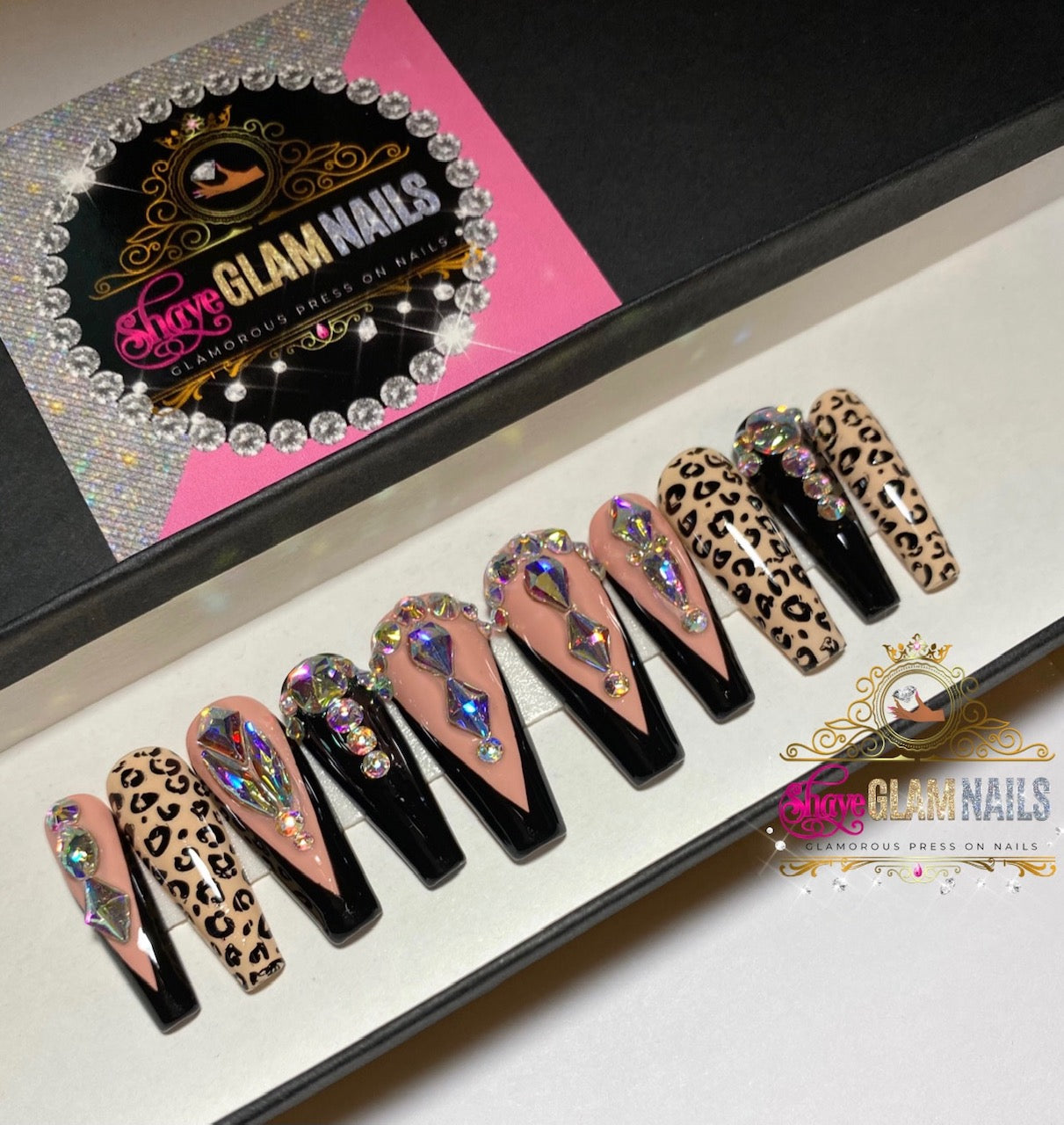 Leopard French V Tip Bling Press On Nails