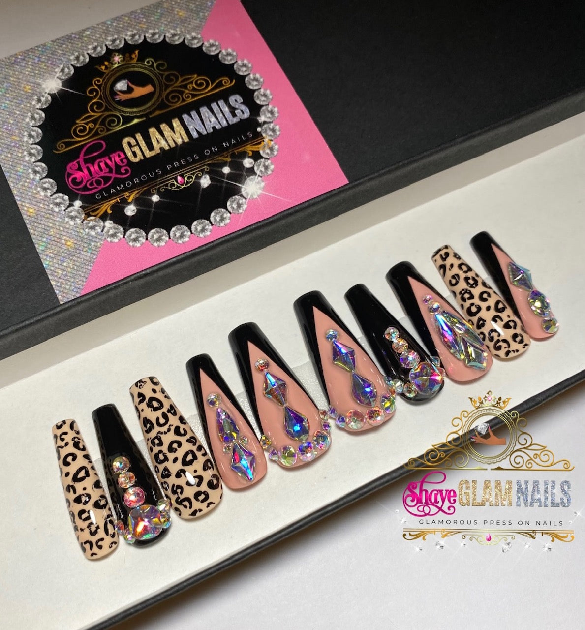 Leopard French V Tip Bling Press On Nails