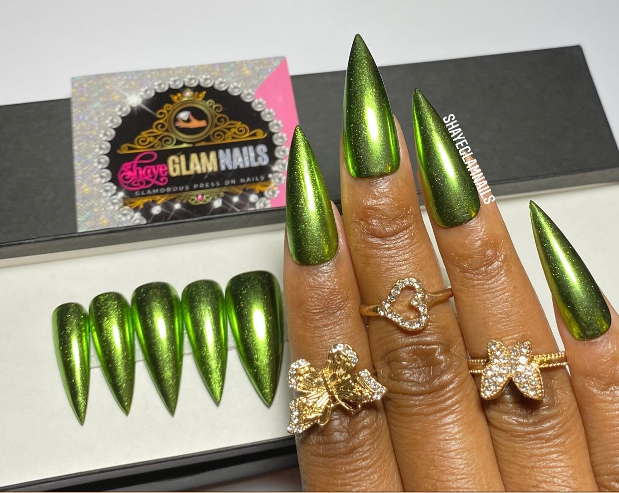 Outyua Rhinstone Super Long Fake Nails Coffin Green Press on Nails Glo –  EveryMarket