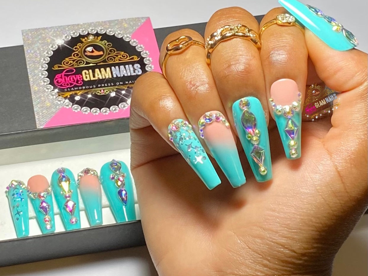 Turquoise Glam Press On Nails