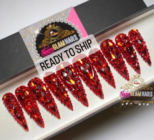 Ready to Ship | Red All Bling Everything | Medium | Extra Long Stiletto
