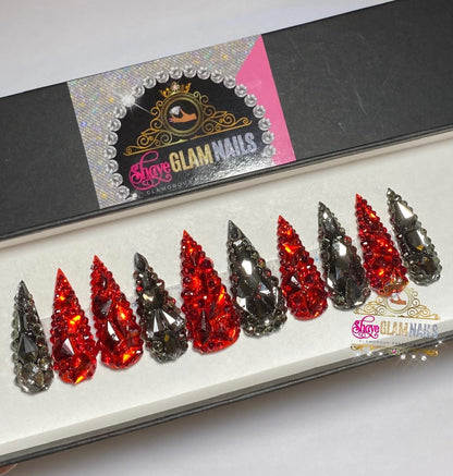 Black & Red All Bling Everything Press On Nails