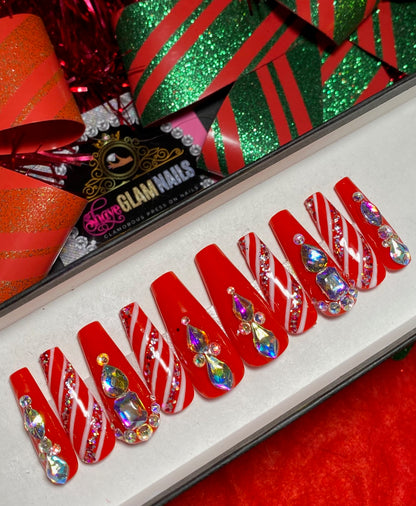 Candy Cane Glam Press On Nails