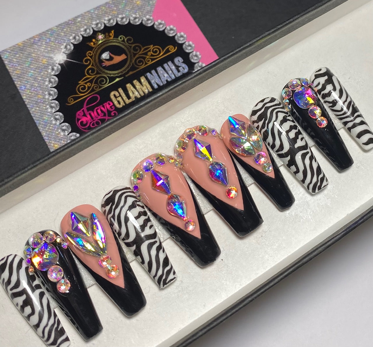 Black Zebra French V Tip Bling Press On Nails