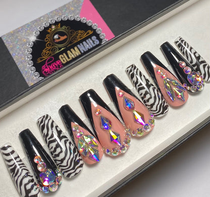 Black Zebra French V Tip Bling Press On Nails