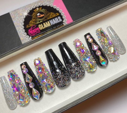 Black Glam and Bling Press On Nails