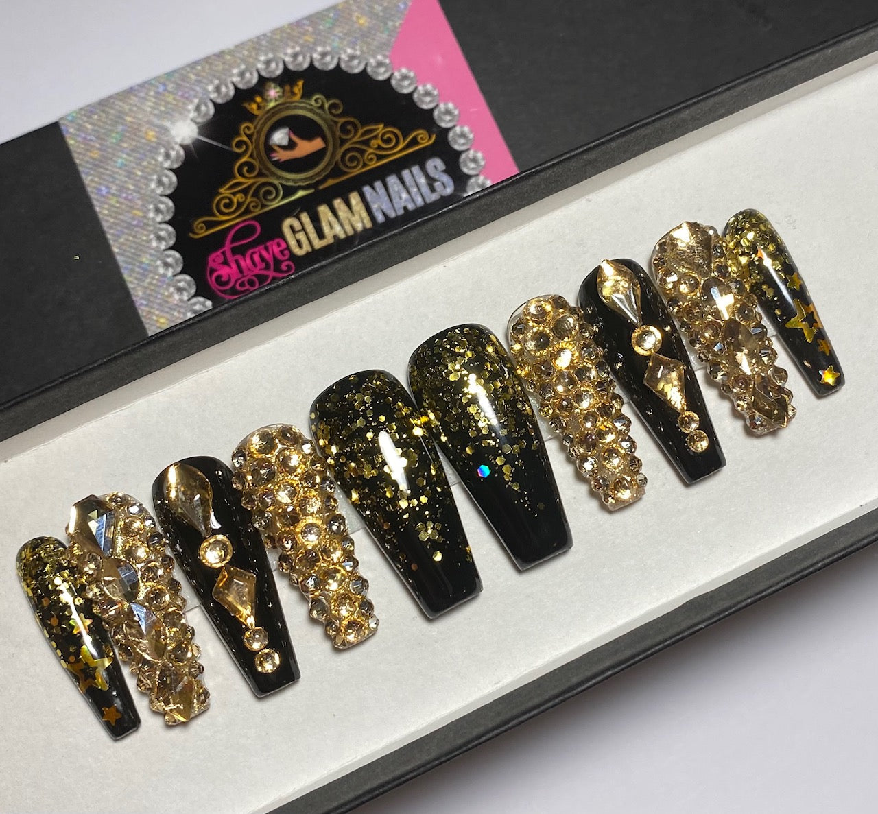 Black Gold Winter False Nail Short Almond Press on Nails for Nail Art 24pcs  | eBay