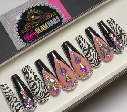 Black Zebra French V Tip Bling Press On Nails