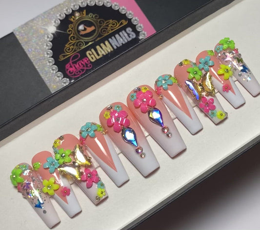 3D Glam Colorful Flowers Press On Nails